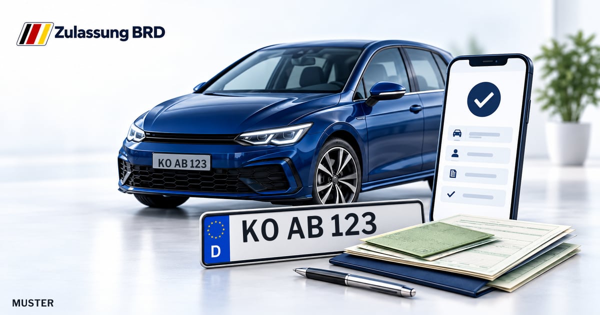 Online Fahrzeugzulassung in Koblenz: Musterkennzeichen KO AB 123, Auto und Fahrzeugpapiere und Smartphone. Illustration mit Logo von Zulassung BRD.
